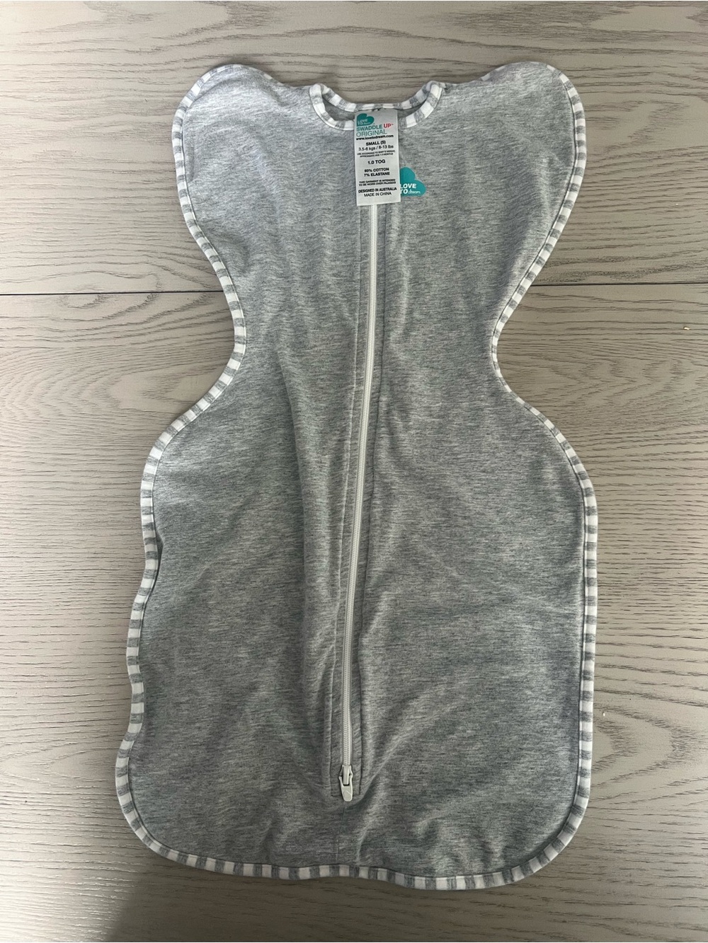Love to dream Gray Zippered Swaddle Sleep Sack with Striped Trim